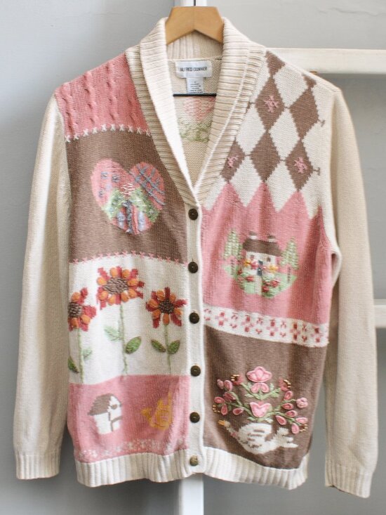 Alfred Dunner Sweaters - Alfred Dunner Cottagecore Vintage Knit Embroidered Cardigan Cream Pink sz Small